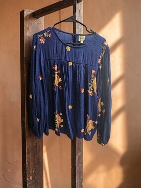 fig and flower Navy Embroidered Floral Peasant Blouse